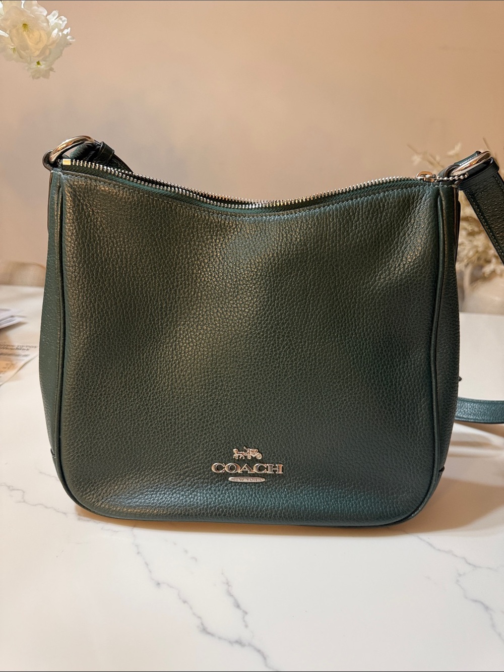 Coach Pebbled Leather Crossbody in Forest Green with Silver Hardware